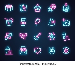 Set of 20 neon icons for music, holiday, romantic, birthday, party theme. Illuminosity labels isolated on black. Advertising led logo. Interface, setting and game ui ux element. Vector illustration