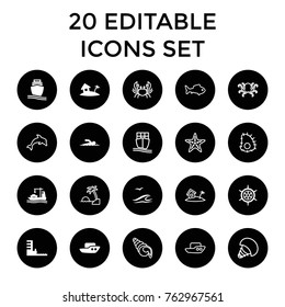 Set of 20 ocean filled and outline icons such as boat, cargo ship, harbor, home on island, swimmer, helm, sea and gull, octopus, crab, fish, starfish, island, shell, dolphin