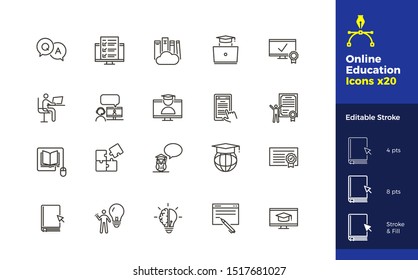 Set of 20 Online Education related Icons with editable stroke. Vector illustrations related with learning online, internet courses, workshops, knowledge, new technologies