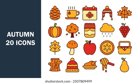 Set of 20 outline colour icons related to autumn. Vector illustration.