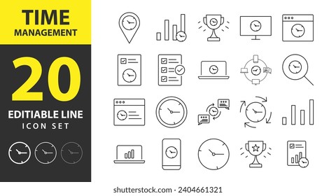 Set of 20 outline icons related to time management. Time management banner web icon vector illustration concept with icon of objective, priority, schedule, reminder, efficiency and alerts.