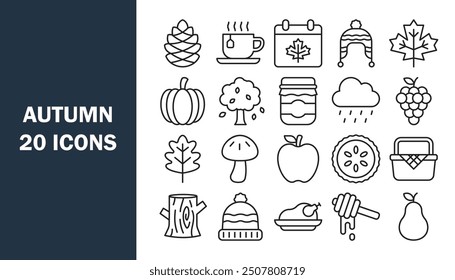 Set of 20 outline icons related to autumn. Vector illustration.