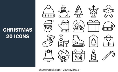 Set of 20 outline icons related to christmas. Vector illustration.