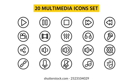 set of 20 outline multimedia icons