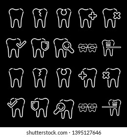 Set of 20 Outline tooth icon. Dentist logo suitable for mobile user interface isolated on black background. Vector Illustration