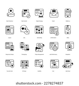 set of 20 outline web user interface icons such as hide, menu, message, warning, cloud, user, explore vector thin icons for report, presentation, diagram, web design, mobile app.