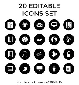 Set of 20 painting filled icons such as cheese, atm, beetle, board, puzzle, jump rope, banana, skipping rope, swing, stomach, banana, beach ball