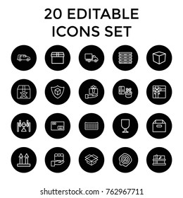 Set of 20 parcel outline icons such as parcel, gift, box, question box, cargo box, cargo arrow up, arrow up, delivery car