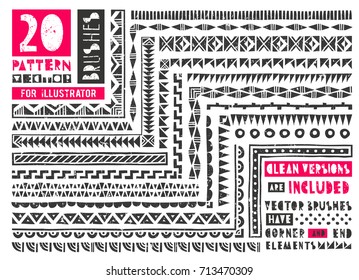 Set of 20 pattern brushes for illustrator. Borders collection in linocut style includes clean versions of brushes without grunge effect. EPS10 vector illustration.