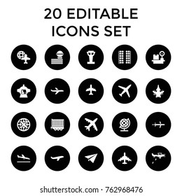 Set of 20 plane filled icons such as airport tower, plane landing, plane seats, globe, cargo trailer