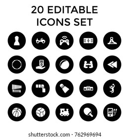 Set of 20 play filled icons such as bike, train toy, push button, basketball, baby playing with another baby, plastic ball, ping pong racket, football pitch, hoop, mp3 player