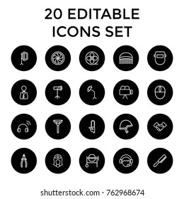 Set of 20 professional outline icons such as comb, tie, concrete mixer, pliers, welder mask, chainsaw, nurse, movie tape, operator, helmet, mouse, camera shutter