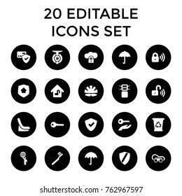 Set of 20 protect filled icons such as umbrella, baby seat in car, toothbrush, recycle bin, key, welding glasses, shield, card protection, cargo only in box allowed