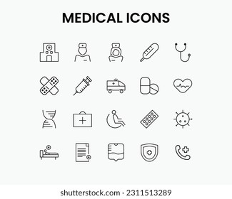 Conjunto de 20 íconos de calidad sobre atención médica y atención médica. Iconos hospitalarios, médicos, enfermeras, ambulancias, pacientes y primeros auxilios. Iconos de esquema sobre atención médica y hospitalaria. Ilustración de vectores simple
