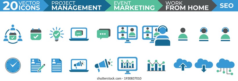 Set of 20 quality vector icons about project management event marketing work from home and SEO
