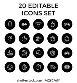 Set of 20 race outline icons such as horse, road, toy car, car, stopwatch, sailboat, running, finish flag, helmet, bicycle