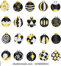 Set of 20, Realistic 3D Black Christmas Baubles with Gold Silver Patterns, Silver and Gold Caps for All Balls, Winter Wonderland Ornaments, Isolated Vectors, Seasons, Holiday Tree Decorations