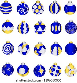 Set of 20, Realistic 3D Blue Christmas Baubles with Gold Silver Patterns, Silver and Gold Caps for All Balls, Winter Wonderland Ornaments, Isolated Vectors, Seasons Greetings, Holiday Tree Decorations