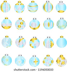 Set of 20, Realistic 3D Frozen Blue Christmas Baubles with Gold Silver Patterns, Silver and Gold Caps for All Balls, Winter Wonderland Ornaments, Isolated Vectors, Seasons, Holiday Tree Teal Turquoise