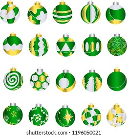 Set of 20, Realistic 3D Green Christmas Baubles with Gold Silver Patterns, Silver and Gold Caps for All Balls, Winter Wonderland Ornaments, Isolated Vectors, Seasons, Holiday Tree Decorations