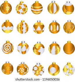 Set of 20, Realistic 3D Orange Christmas Baubles with Gold Silver Patterns, Silver and Gold Caps for All Balls, Winter Wonderland Ornaments, Isolated Vectors, Seasons, Holiday Tree Decorations