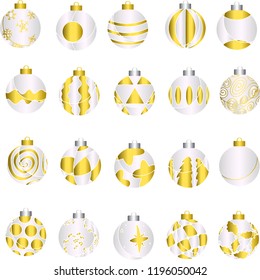 Set of 20, Realistic 3D White Christmas Baubles with Gold Patterns, Silver and Gold Caps for All Balls, Winter Wonderland Ornaments, Isolated Vectors, Seasons Greetings, Holiday Tree Decorations
