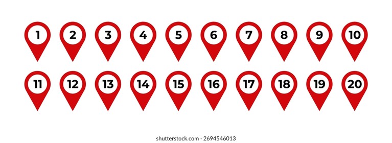 Set von 20 roten Kartensymbolen mit Zahlen. Positionsmarkierungen von 1 bis 20. Vektorzeigersymbole für Navigation, Schritte oder Liste.
