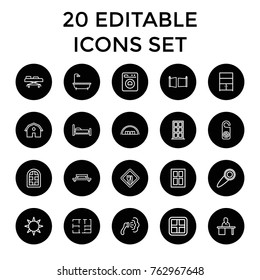 Set Of 20 Room Outline Icons Such As Window, Barn, Door, Do Not Disturb, Shower, Table, Bed, Hospital Stretch, Man Working At The Table, Cupboard, Washing Machine, Plan