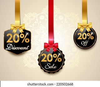 Set of 20% sale and discount golden labels with red bows and ribbons Style Sale Tags Design, 20 off - vector eps10