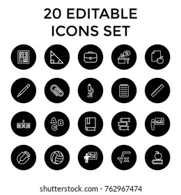 Set of 20 school outline icons such as teacher, ruler, book, pen, abc, case, square root, microscope, magnet, abacus, triangle, apple on book, school, paper and apple