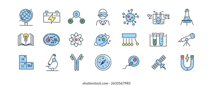 Set of 20 science line icons with color fill. Includes globe, battery, molecule, virus, telescope, DNA, cells, atom, and scientific tools. Designed in a clean and minimal style. Vector illustration.