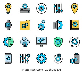 Set of 20 setting color line icons. gear and repair icon. control, service, maintenance, system, recovery, icon set and installing