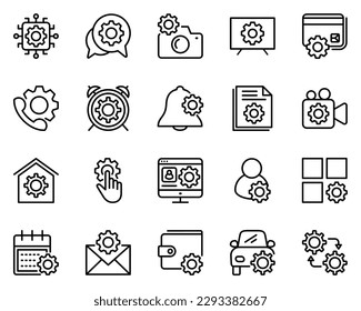 Conjunto de 20 iconos de configuración. icono de la línea de marcha y reparación. control, servicio, mantenimiento, sistema, conjunto de iconos, mecánico, opciones, taller, aplicación, menú, corrección, reparación, documento, pago, banca