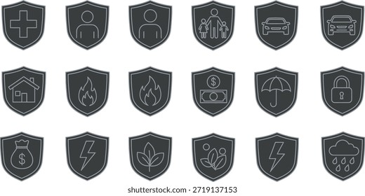 Un conjunto de 20 iconos de escudo con diferentes símbolos, objetos e ilustraciones en un estilo de boceto