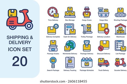 Set of 20 shipping and delivery icons suitable for websites, apps, and promotional materials related to transportation and logistics industries.