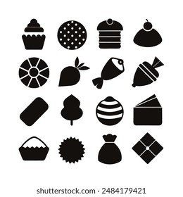 A set of 20 silhouette icons depicting various types of chocolate such as bars truffles and bonbons Perfect for vector illustration and design work