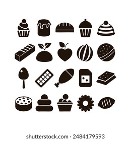 A set of 20 silhouette icons depicting various types of chocolate such as bars truffles and bonbons Perfect for vector illustration and design work