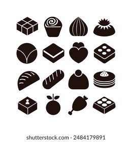 A set of 20 silhouette icons depicting various types of chocolate such as bars truffles and bonbons Perfect for vector illustration and design work