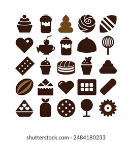 A set of 20 silhouette icons depicting various types of chocolate such as bars truffles and bonbons Perfect for vector illustration and design work