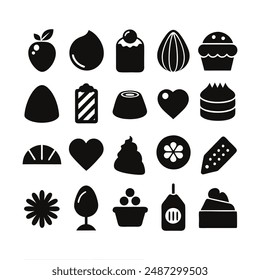 A set of 20 silhouette icons depicting various types of chocolate such as bars truffles and bonbons Perfect for vector illustration and design work