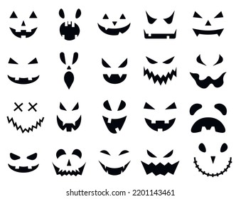 set of 20 silhouettes halloween monster jack lantern pumpkin carved glowing scary face. Design for the holiday Halloween. Vector illustration.