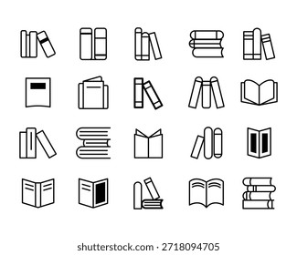 Un conjunto de 20 iconos simples en blanco y negro que representan libros en varias posiciones, abiertos y cerrados, apilados y solos.