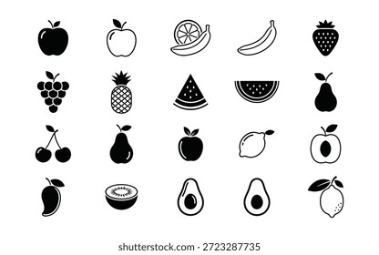Eine Reihe von 20 einfachen schwarz-weißen Symbolen, die verschiedene Früchte darstellen, darunter Äpfel, Bananen und Beeren