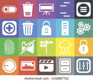 Set Of 20 simple editable icons such as Controls, Settings, Menu, Lines, Volume control, Trash, Cloud computing, Add, web UI icon pack, pixel perfect