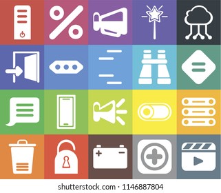 Set Of 20 simple editable icons such as Video player, Equal, Cloud computing, Magic wand, Trash, Percent, Switch, Exit, web UI icon pack, pixel perfect