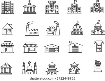 Um conjunto de 20 desenhos de linhas simples de diferentes edifícios e estruturas, incluindo casas, lojas e monumentos.