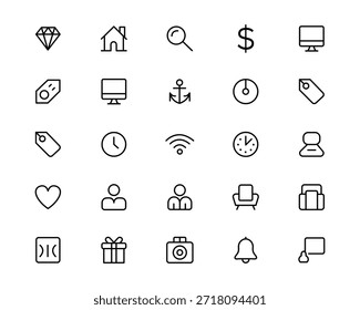 Un conjunto de 20 iconos de línea simples que representan varios conceptos y objetos para su uso en productos digitales