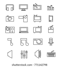 Set of 20 simple lines media related vector icons