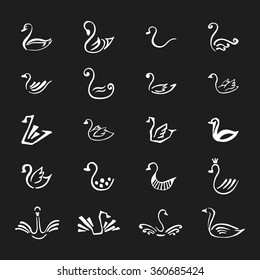 Set of 20 sketch hand drawn logo of white swan isolated on the black
 background