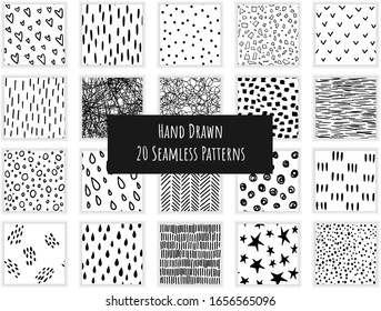 Set of 20 sketchy hand-drawn black and white vector seamless patterns - for wallpaper, paper, fabric, textile design